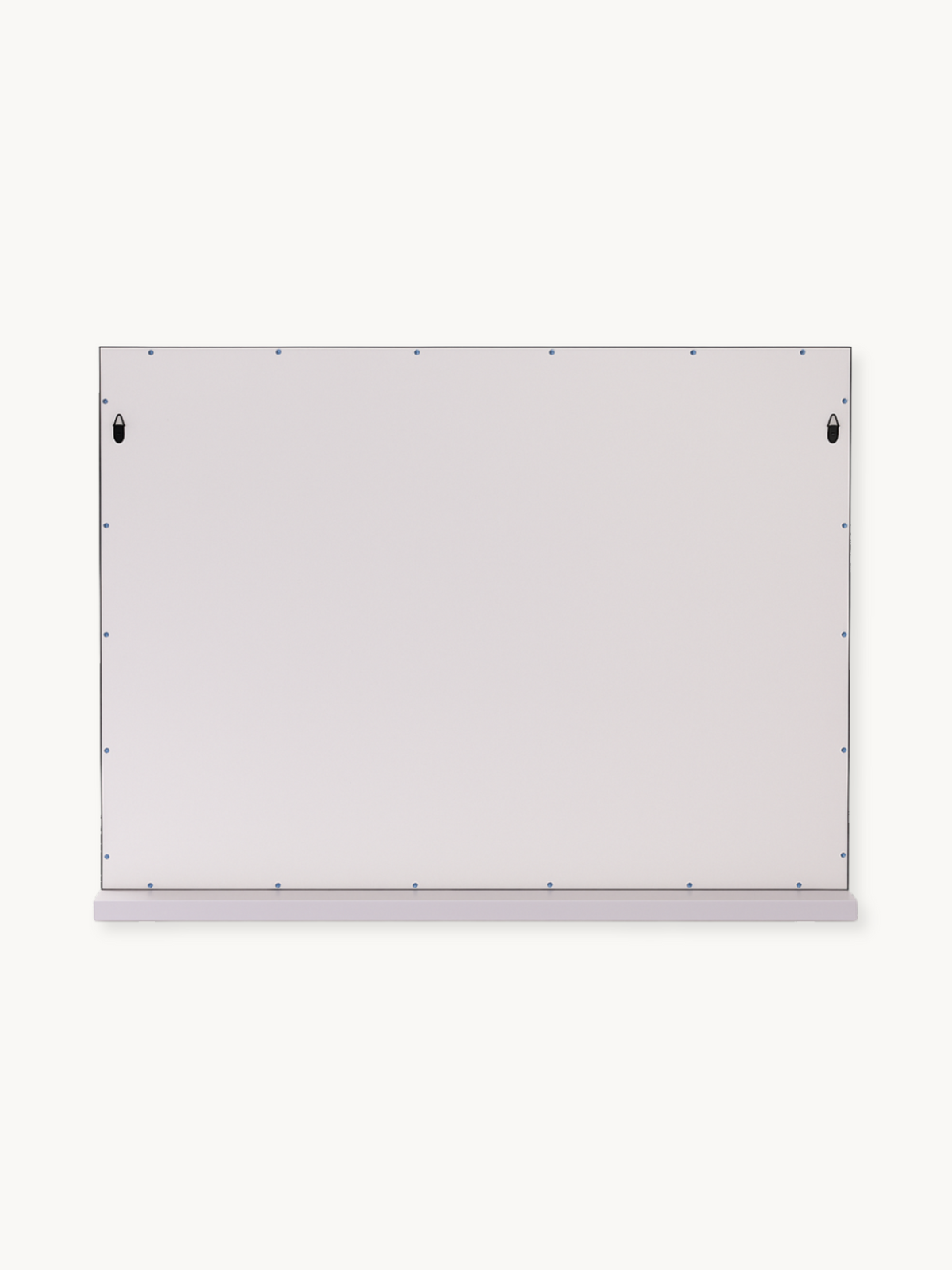 Back of white Hollywood vanity mirror showing pale grey panel, two black hanging hooks, small blue screws around edges, an…