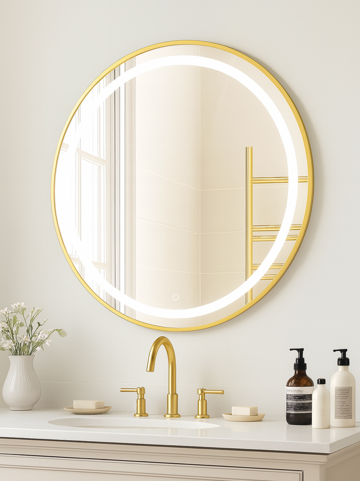 Round gold-framed LED bathroom mirror lit from behind, mounted above a gold faucet vanity with soap and toiletries, lifest…