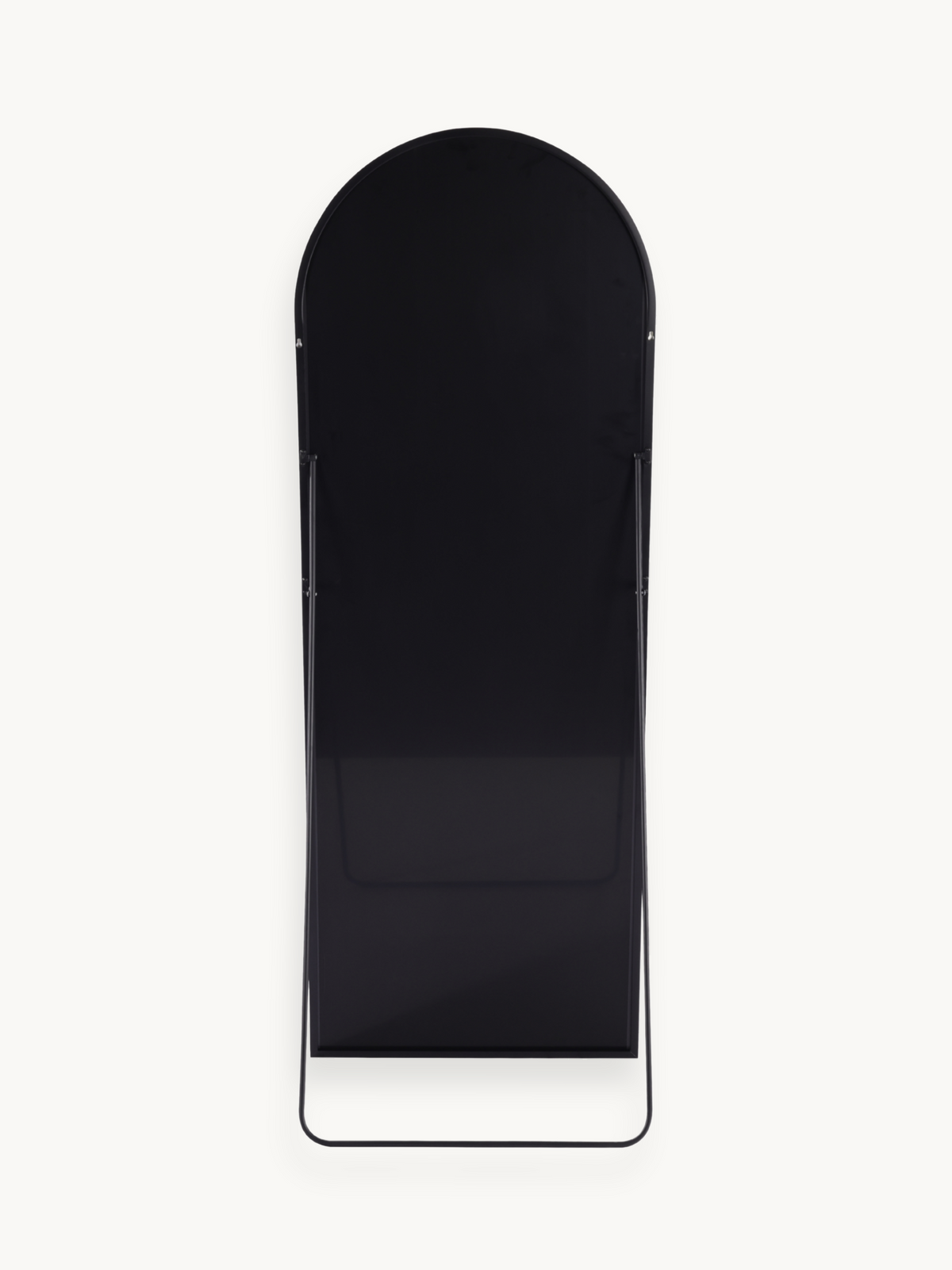 Back view of black aluminium arched full-length mirror showing rear panel, metal support struts, and curved floor stand base