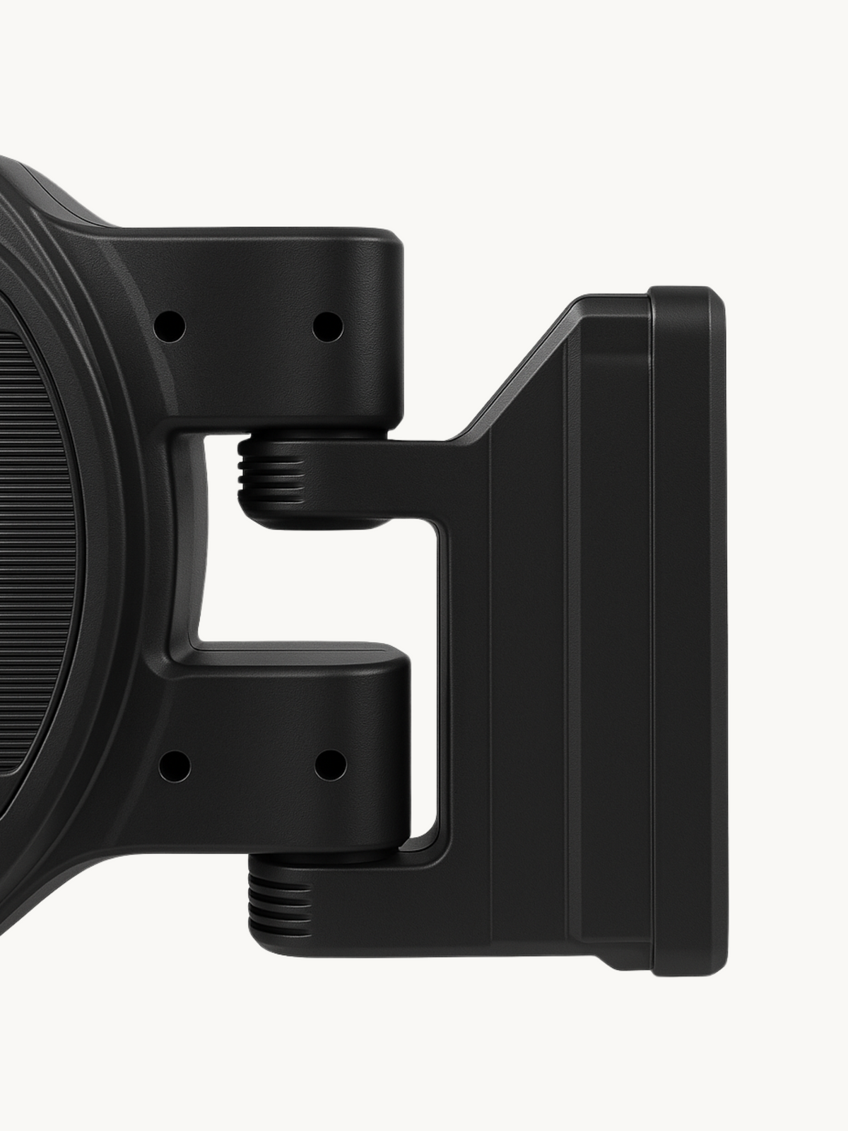 Close-up of black plastic wall bracket pivot joint showing two threaded knobs and four mounting holes on C-shaped arm