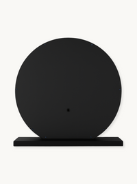 Back view of black round Hollywood vanity mirror on rectangular base, showing fixing screws and central mount point