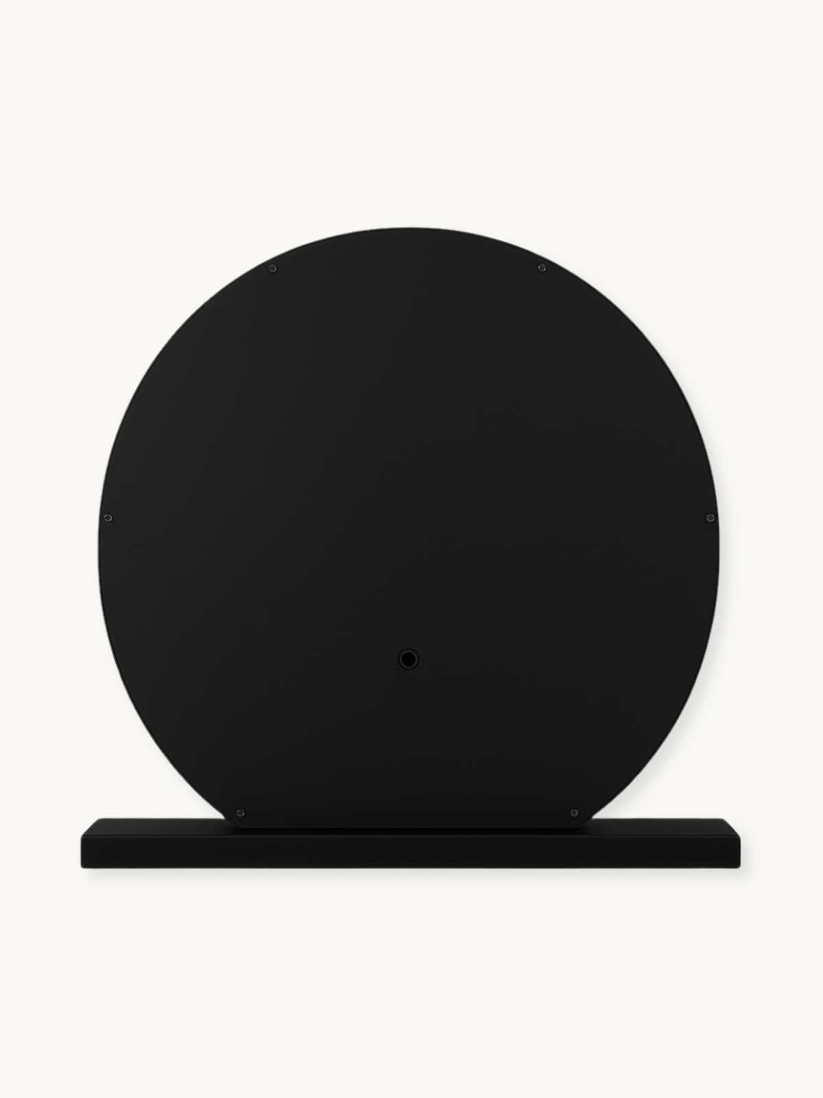 Back of black round Hollywood vanity mirror showing matte panel, central mounting hole, perimeter screws, and rectangular…