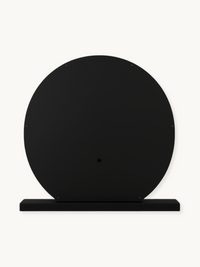 Back of black round Hollywood vanity mirror showing matte panel, central mounting hole, perimeter screws, and rectangular…