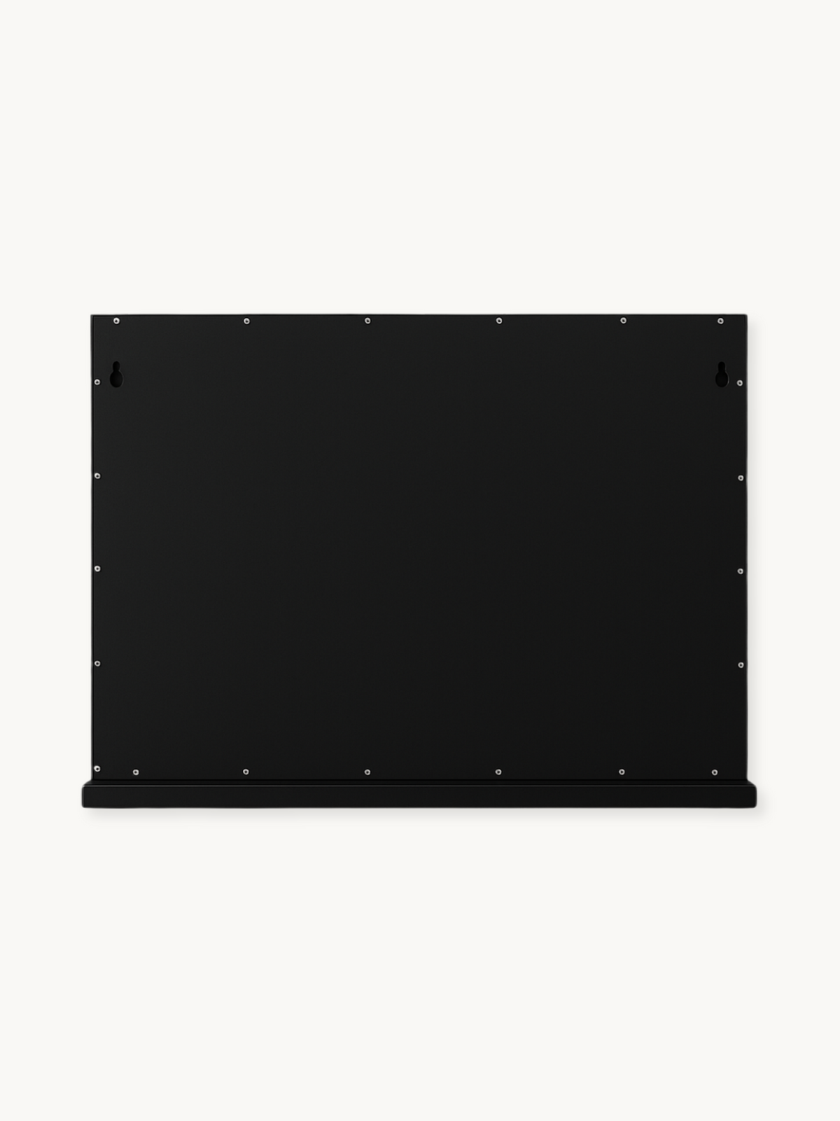 Back panel of black Hollywood vanity mirror showing two keyhole wall-mount brackets and perimeter screws, with a small bot…