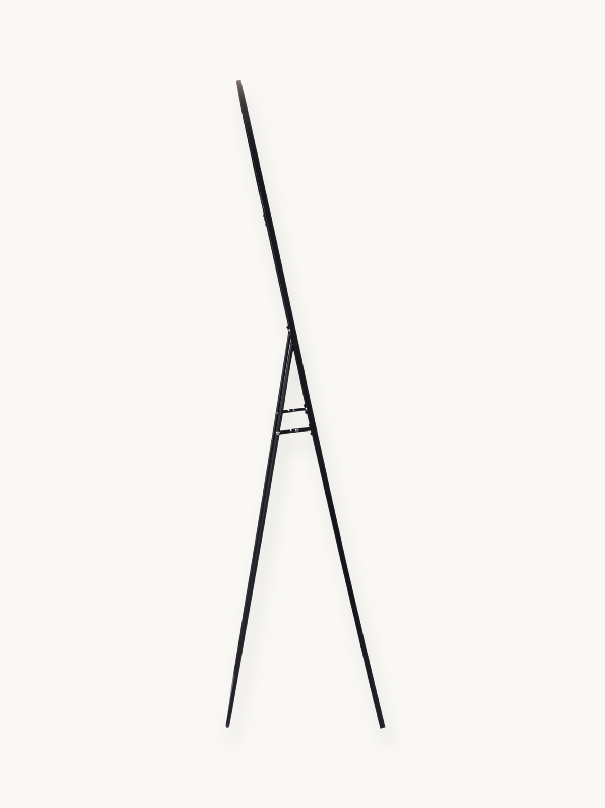 Black aluminium easel-style mirror stand viewed from the side, showing slim tripod legs and crossbar brace, no mirror visible
