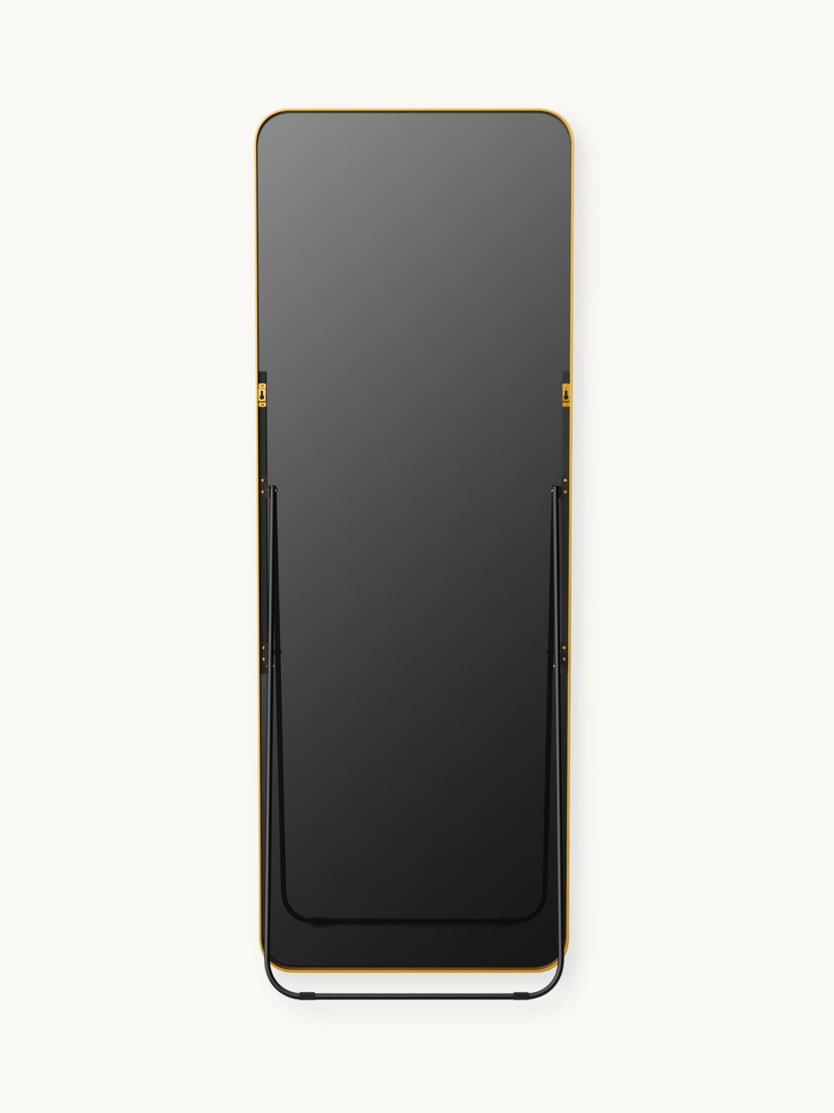 Rear view of full-length mirror with black panel, gold aluminium top edge, black metal floor stand, and gold wall-mount br…