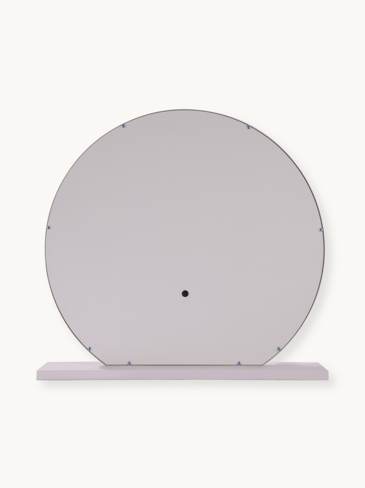 Back panel of round white Hollywood vanity mirror showing screw fixings around edge, central bolt, and rectangular base, p…