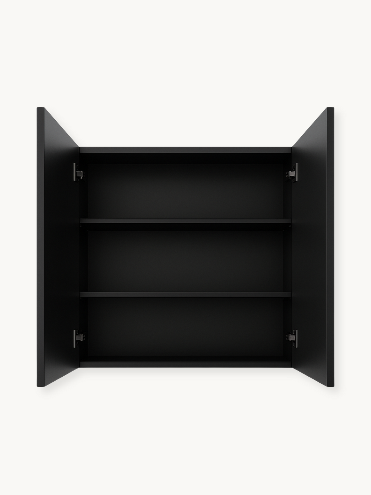 Black steel mirror cabinet open from the front, showing two interior glass shelves and soft-close hinges, empty interior view