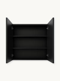 Black steel mirror cabinet open from the front, showing two interior glass shelves and soft-close hinges, empty interior view