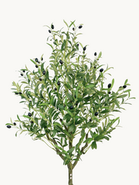 Artificial olive tree stem and full canopy showing green silk leaves and scattered black faux olives, cut-out on white bac…