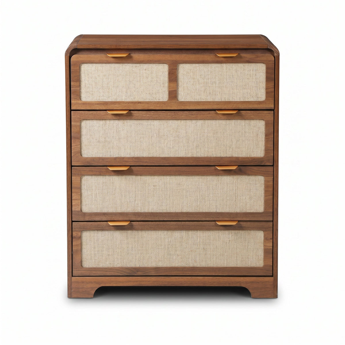 Walnut chest of drawers front view, five rattan-panel drawers with gold arc handles, rounded frame corners, white background