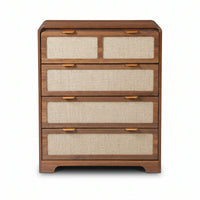 Walnut chest of drawers front view, five rattan-panel drawers with gold arc handles, rounded frame corners, white background