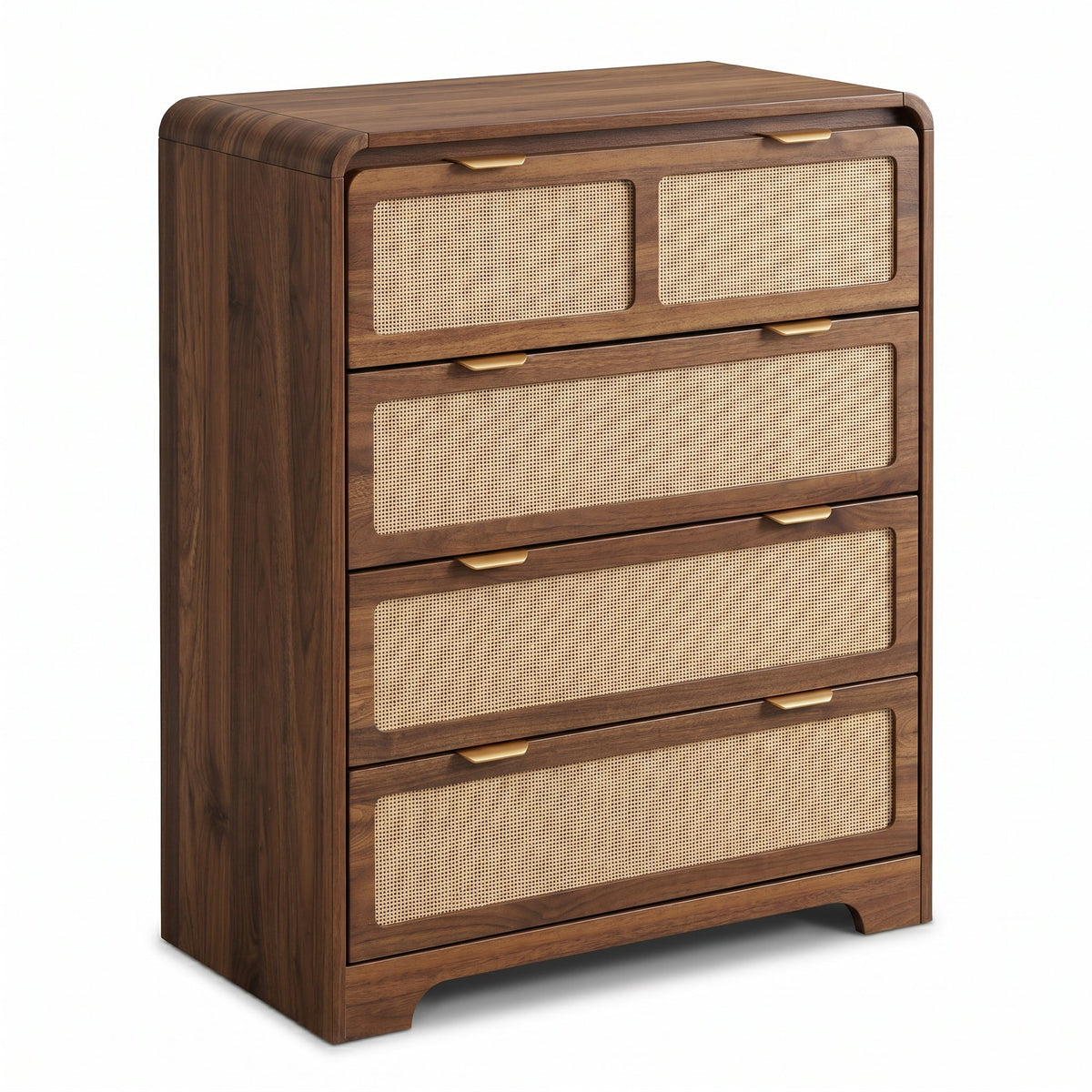 Walnut-finish tall chest with five rattan-panel drawers and brushed gold handles, angled three-quarter view on white backg…