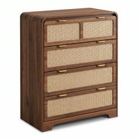 Walnut-finish tall chest with five rattan-panel drawers and brushed gold handles, angled three-quarter view on white backg…
