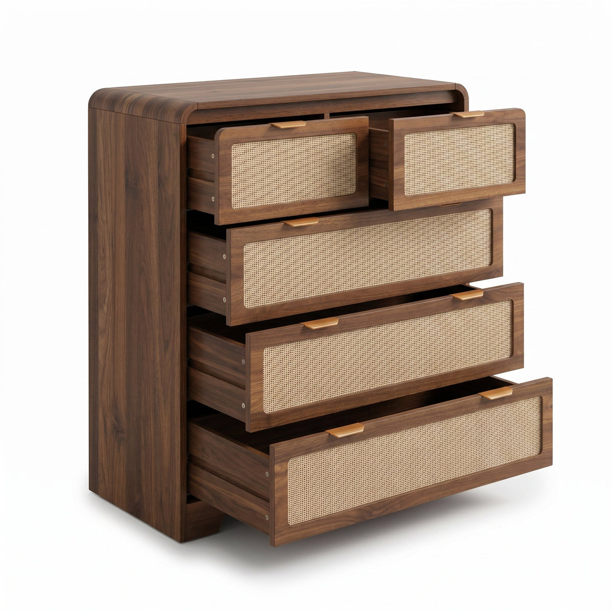 Angled view of walnut chest with all five rattan-panel drawers pulled open, revealing wooden drawer boxes and depth of eac…