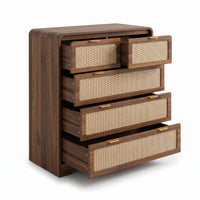 Angled view of walnut chest with all five rattan-panel drawers pulled open, revealing wooden drawer boxes and depth of eac…