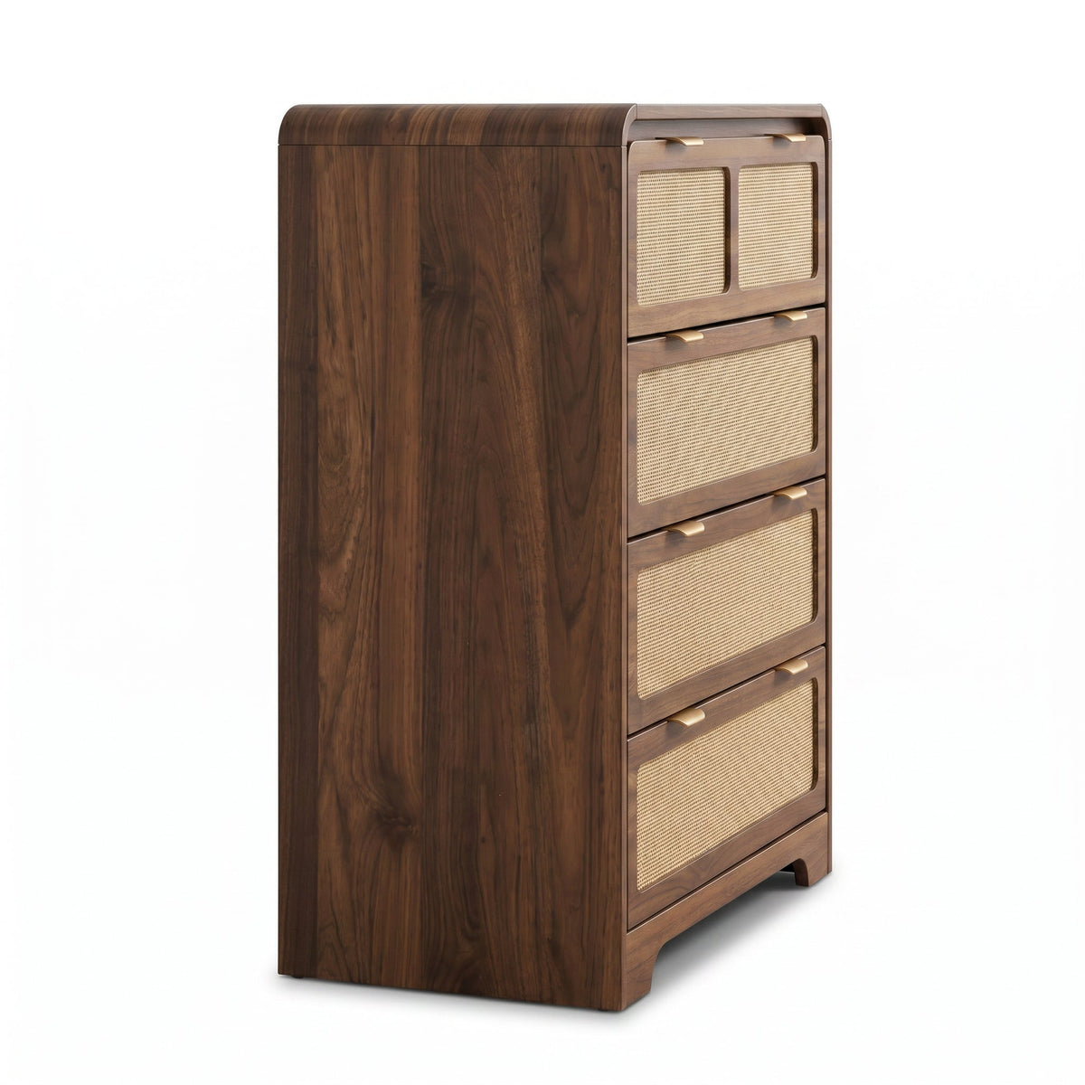 Angled side view of walnut tall chest showing rich wood grain on side panel and rattan-front drawers with gold handles