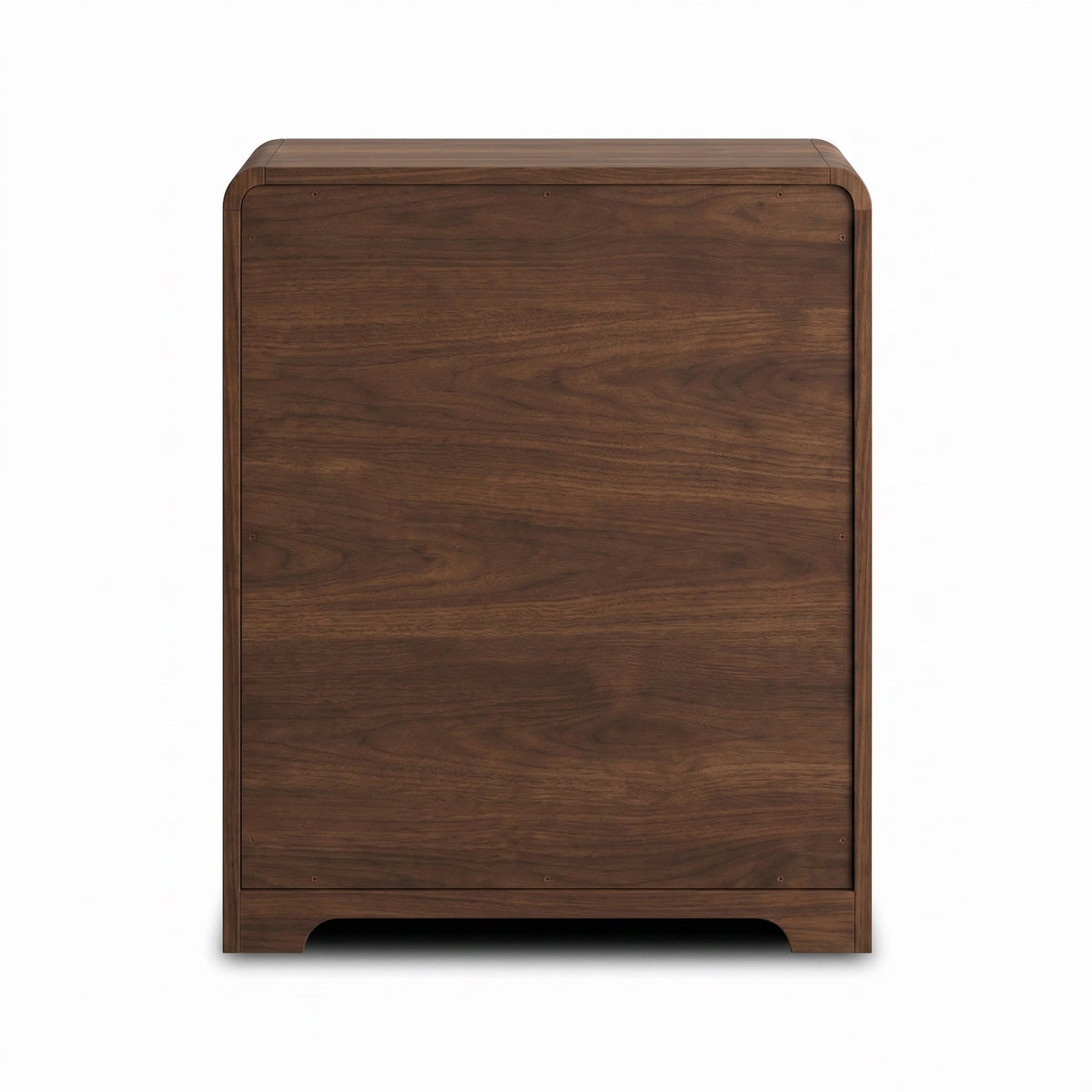 Walnut chest of drawers, rear side panel view showing wood grain texture and rounded corners, small cut-out feet visible