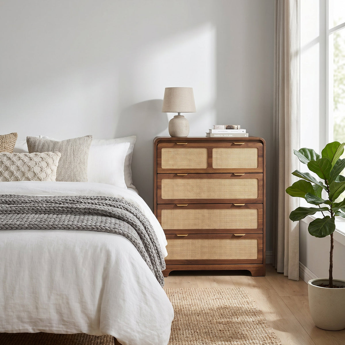 Walnut chest of drawers with rattan-front panels and gold handles styled in a neutral bedroom beside a bed and fiddle-leaf…