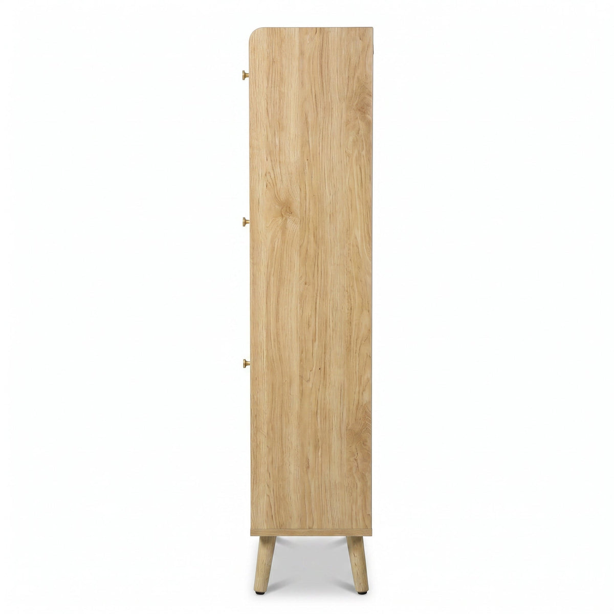 Narrow side profile of a light oak shoe cabinet showing wood grain texture, three small brass knobs, and angled tapered legs