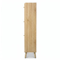 Narrow side profile of a light oak shoe cabinet showing wood grain texture, three small brass knobs, and angled tapered legs