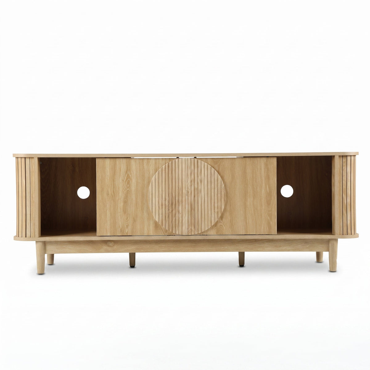 Light oak TV stand front view, sliding doors open revealing centre storage, circular ribbed door detail, cable holes visib…