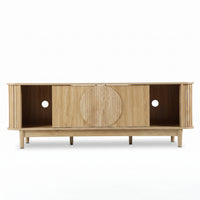 Light oak TV stand front view, sliding doors open revealing centre storage, circular ribbed door detail, cable holes visib…