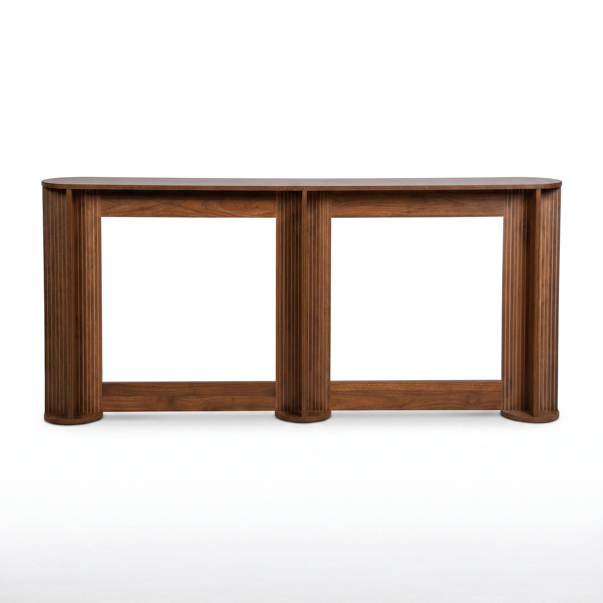 Straight-on front view of walnut-finish console table with three fluted cylindrical legs and open rectangular frame base