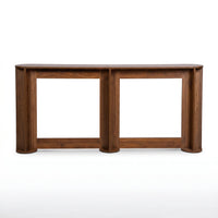 Straight-on front view of walnut-finish console table with three fluted cylindrical legs and open rectangular frame base
