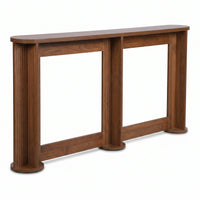 Walnut-finish console table with rounded top, fluted column legs, and open frame base, angled front view on white background