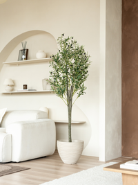 Tall faux olive tree with green leaves and black fruits in a ribbed cream pot, styled in a minimalist beige living room