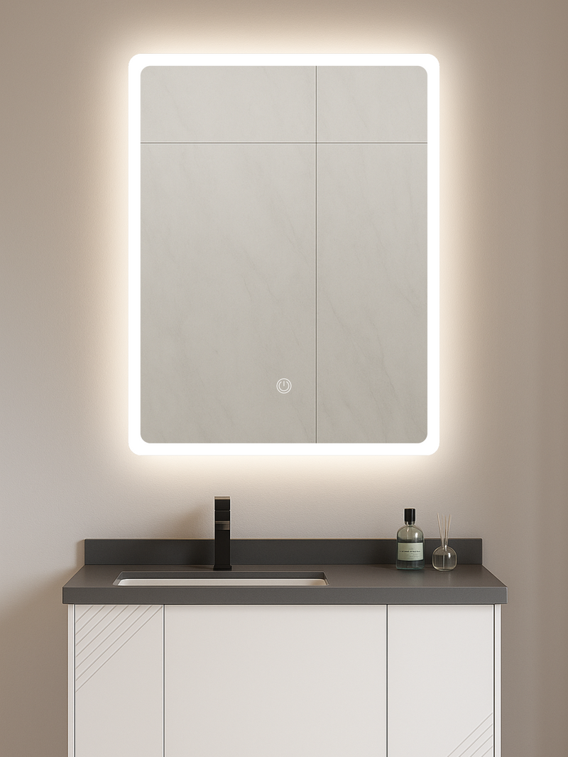 Square LED mirror cabinet glowing with warm backlight, touch switch visible, mounted above grey vanity with black tap in s…