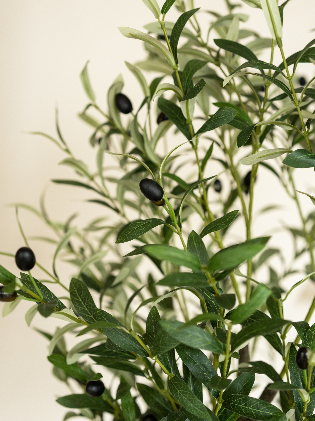 Close-up of artificial olive tree branches showing dark green PE leaves and black faux olive fruits against a cream backgr…