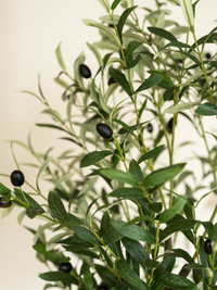 Close-up of artificial olive tree branches showing dark green PE leaves and black faux olive fruits against a cream backgr…