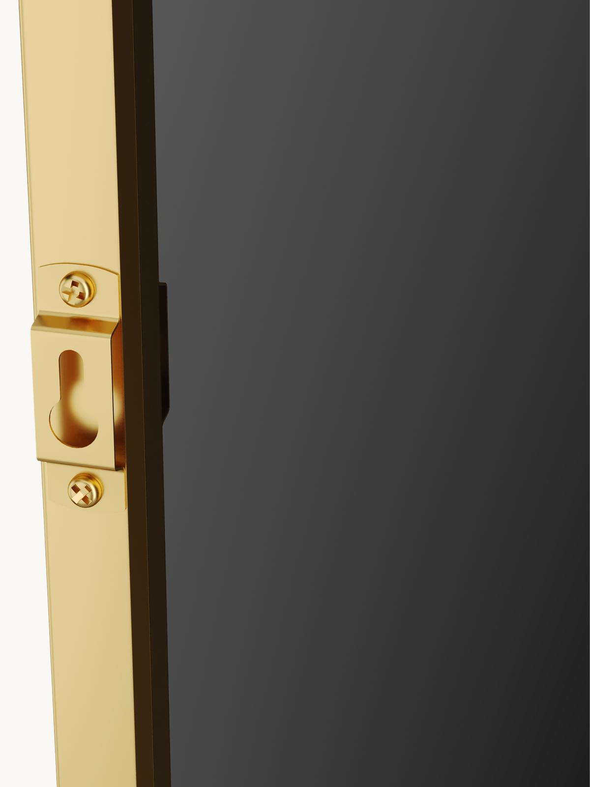 Close-up of gold aluminium frame edge with keyhole wall-mounting bracket and two cross-head screws, dark glass panel visible