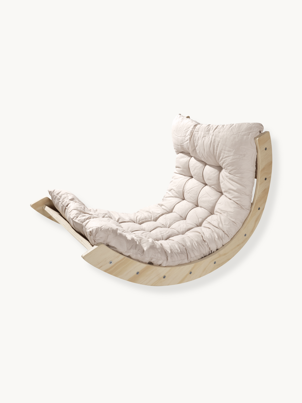Curved pine wood climbing arch rocker with tufted cream-white cushion, angled product view on white background
