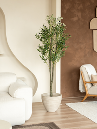 Faux olive tree with green leaves and black fruits in a ribbed cream pot, positioned in a living room corner beside a whit…