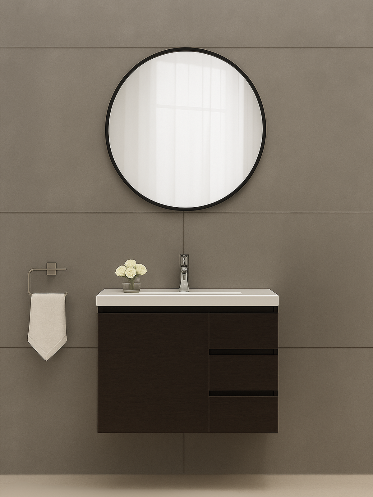 Black-framed round Freya mirror mounted above a dark wood floating vanity in a styled grey bathroom setting