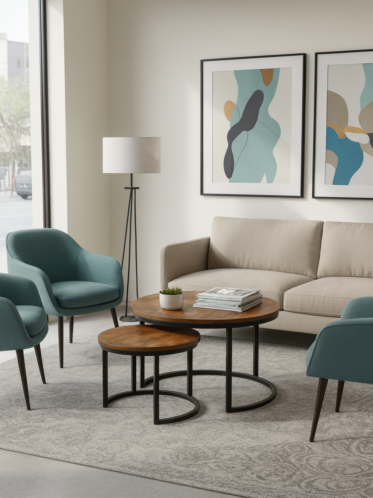 Brown round nesting tables in a modern lounge, smaller tucked under larger, beside a beige sofa and teal accent chairs, li…