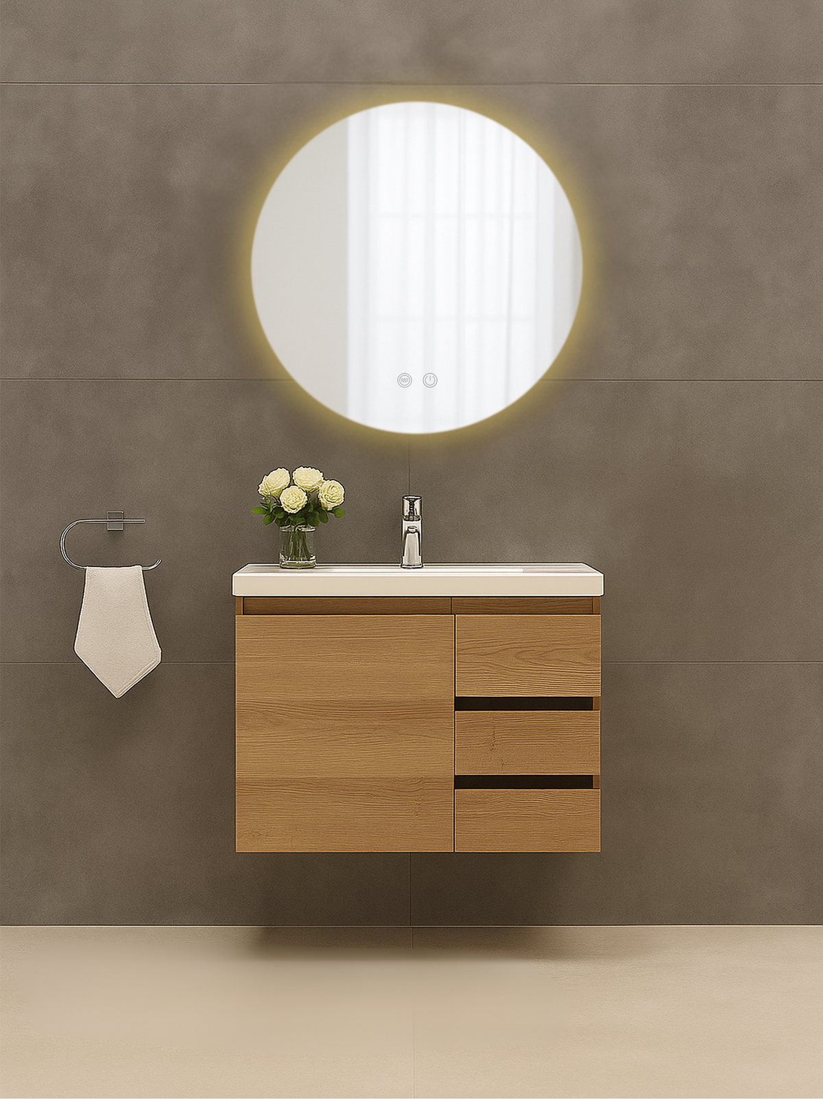 Round LED backlit bathroom mirror mounted above a wall-hung oak vanity unit with white basin, warm glow visible around mir…