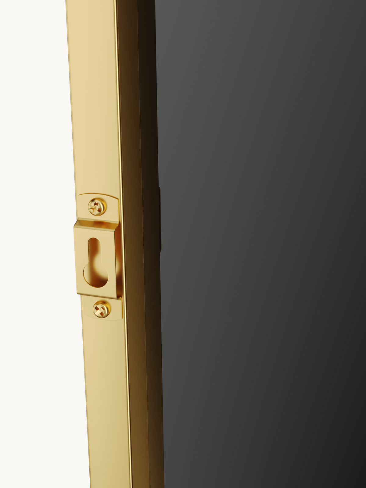 Close-up of polished gold aluminium frame edge showing keyhole wall-hanging bracket with two screws and dark tinted glass…