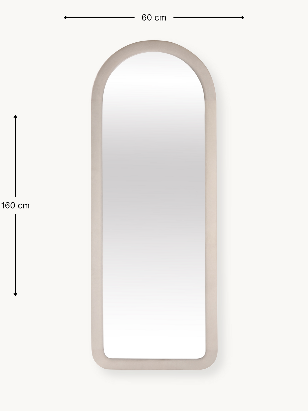 Front view of arched full-length mirror with white suede velvet frame and dimension annotations showing 160 x 60 cm