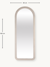 Front view of arched full-length mirror with white suede velvet frame and dimension annotations showing 160 x 60 cm