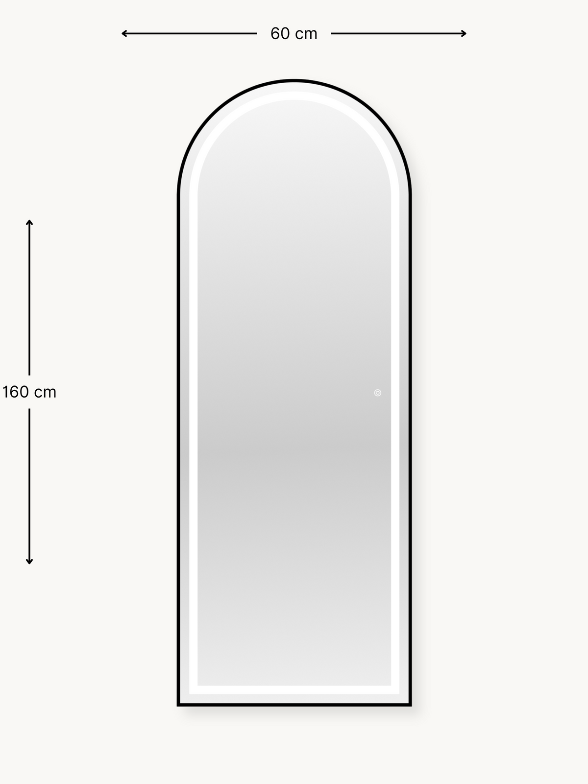 Dimension diagram of arched full-length LED mirror, black frame, 160 cm tall by 60 cm wide, front view on cream background