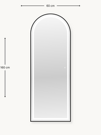 Dimension diagram of arched full-length LED mirror, black frame, 160 cm tall by 60 cm wide, front view on cream background