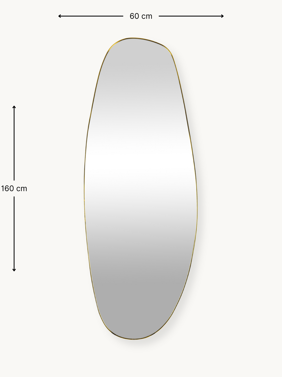 Tall asymmetric oval mirror with slim gold PVC frame, front view with dimension annotations showing 160 cm height and 60 c…