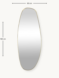 Tall asymmetric oval mirror with slim gold PVC frame, front view with dimension annotations showing 160 cm height and 60 c…
