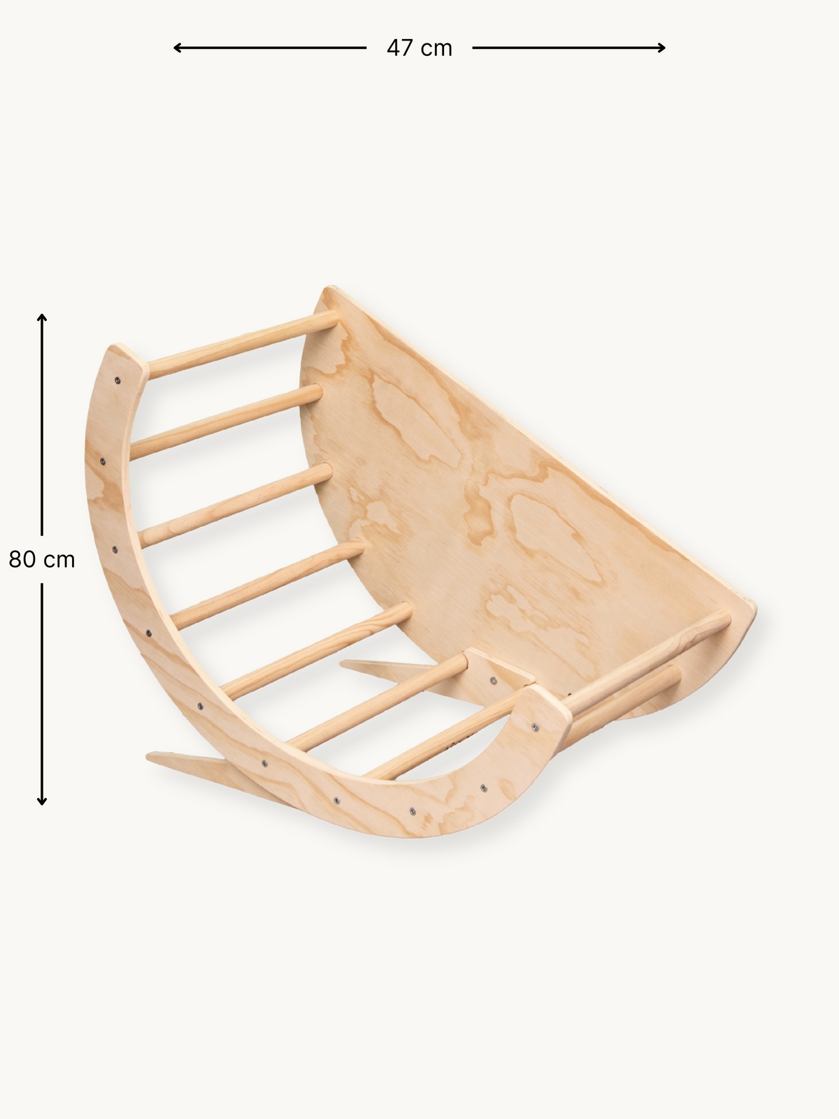 Natural birch wood climbing arch with slide board attachment shown at angle, dimensions marked 80 cm × 47 cm on white back…