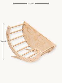 Natural birch wood climbing arch with slide board attachment shown at angle, dimensions marked 80 cm × 47 cm on white back…