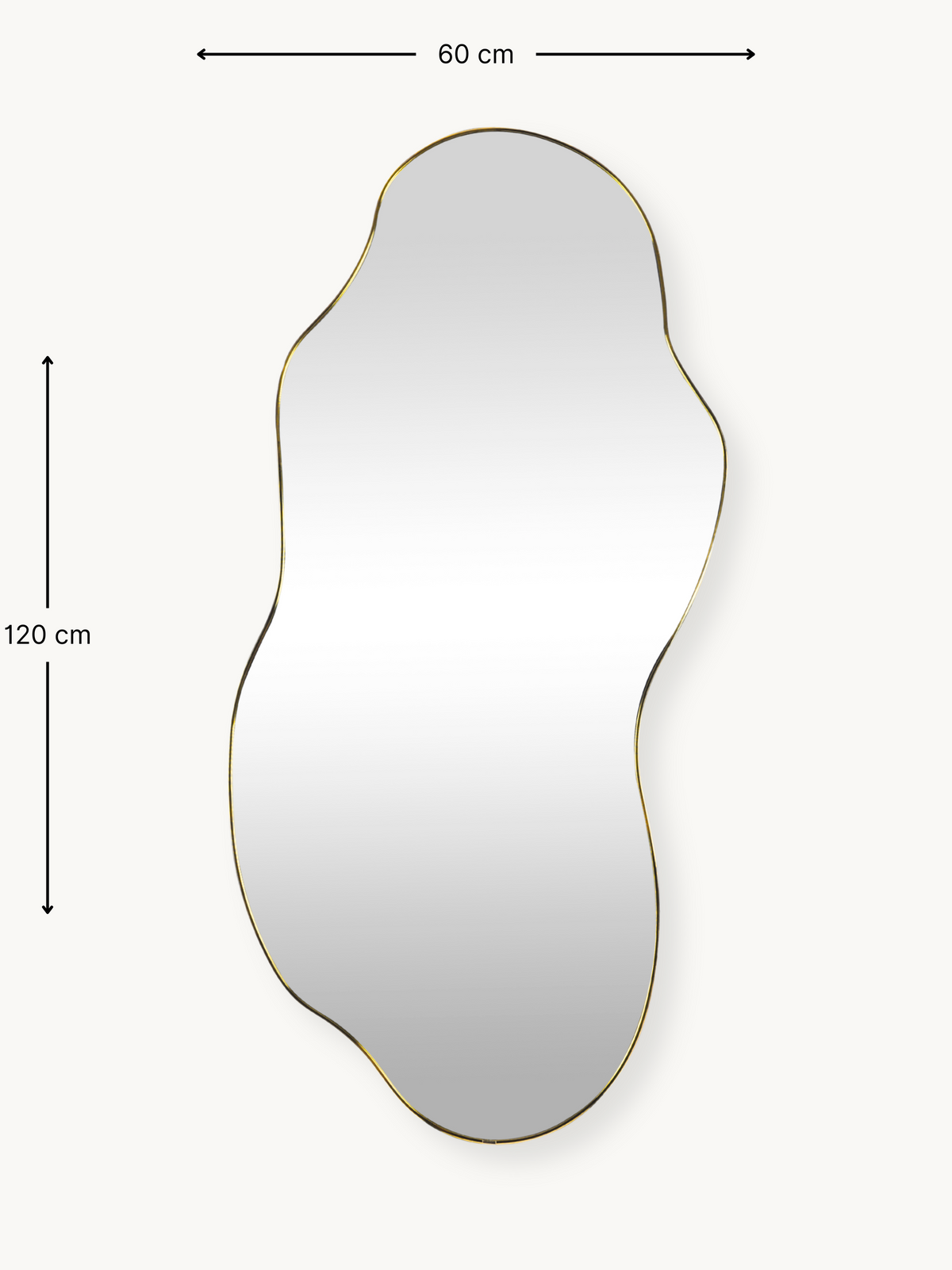 Luciano organic wall mirror with gold PVC frame shown front-on with dimension annotations: 60 cm wide, 120 cm tall